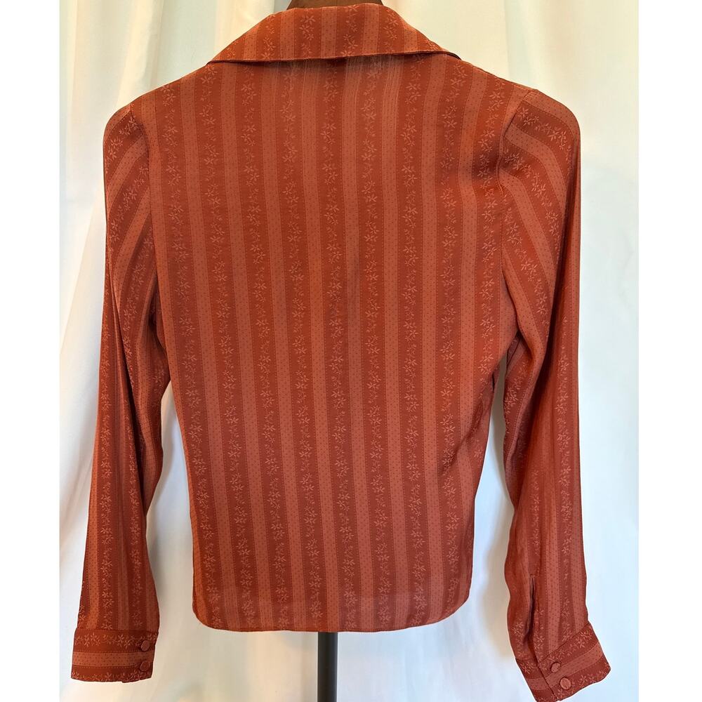 70s Retro Style Blouse Rust Orange Cloth Tonal Buttons Pointed Collar Size XS - Picture 2 of 9